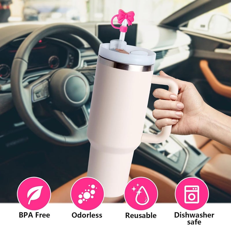 linmaya 6PCS Bow Straw Toppers, Cute Straws Covers for Stanley 30&40 Oz Tumbler with Handle, 10mm Dust-Proof Drinking Straw Dispensers Straw Topper Cap for Girls Kids (Pink Bow) - Image 3